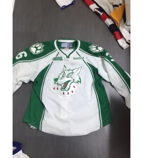 Custom OHL Sudbury Wolves 36 Cummins Hockey Jersey White Green